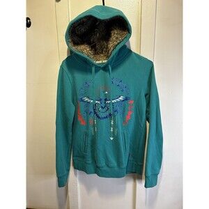 Juniors Roxy Pullover Hoodie Native Windcatcher Print Fur Hood Size Small Y2K